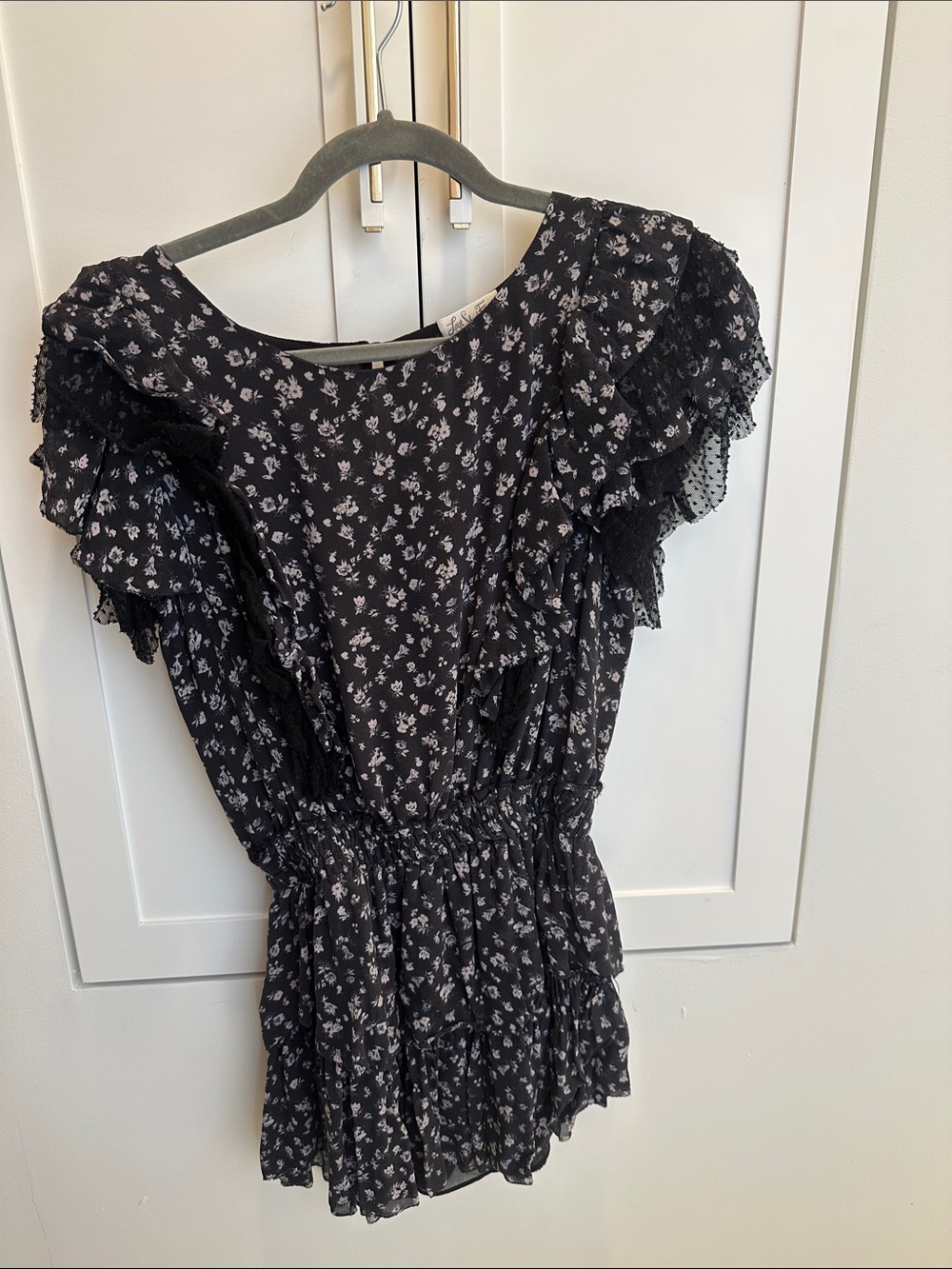 LoveShackFancy Black Floral Ruffle Mini Dress
